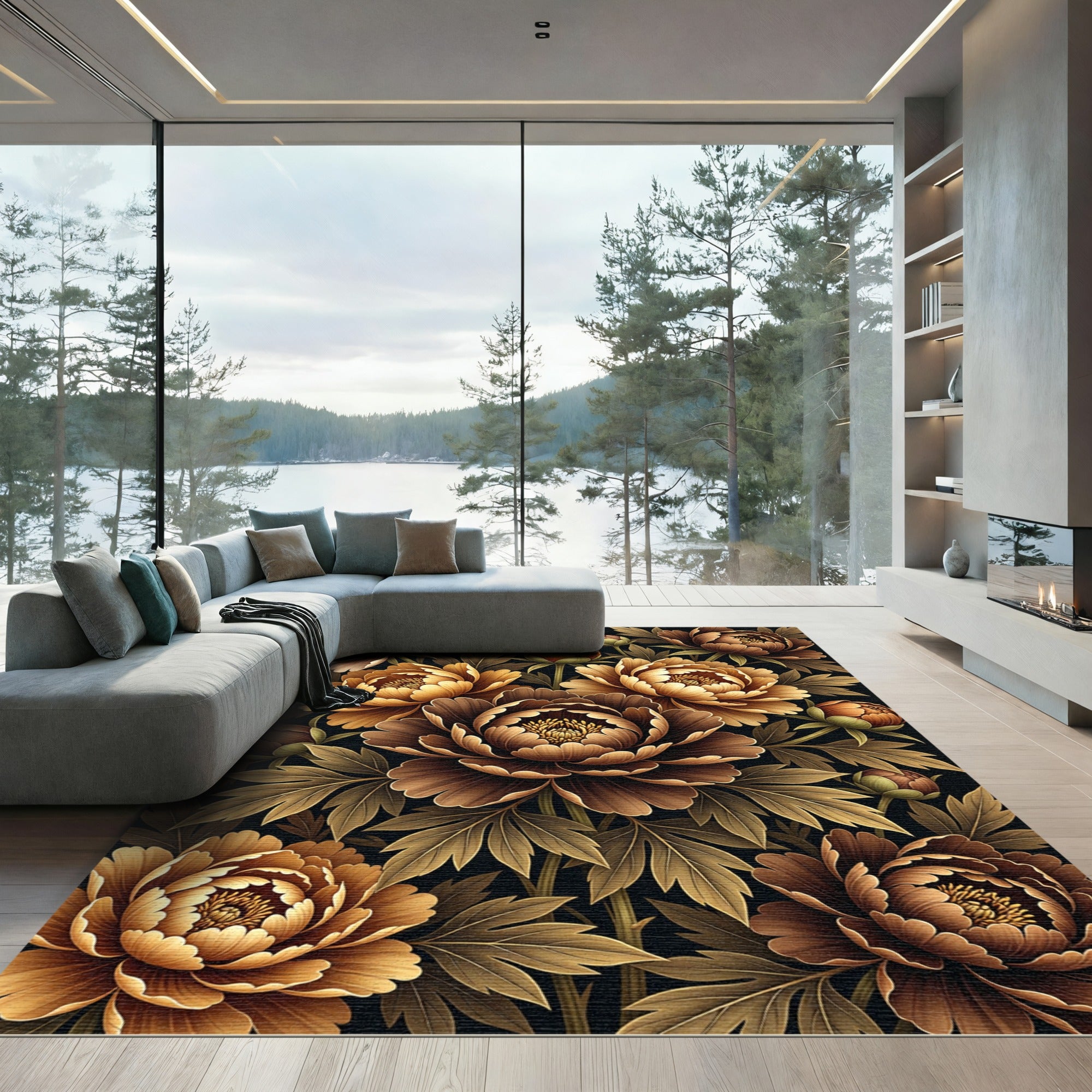 Elegant Sepia Peony Floral Arrangement Rug