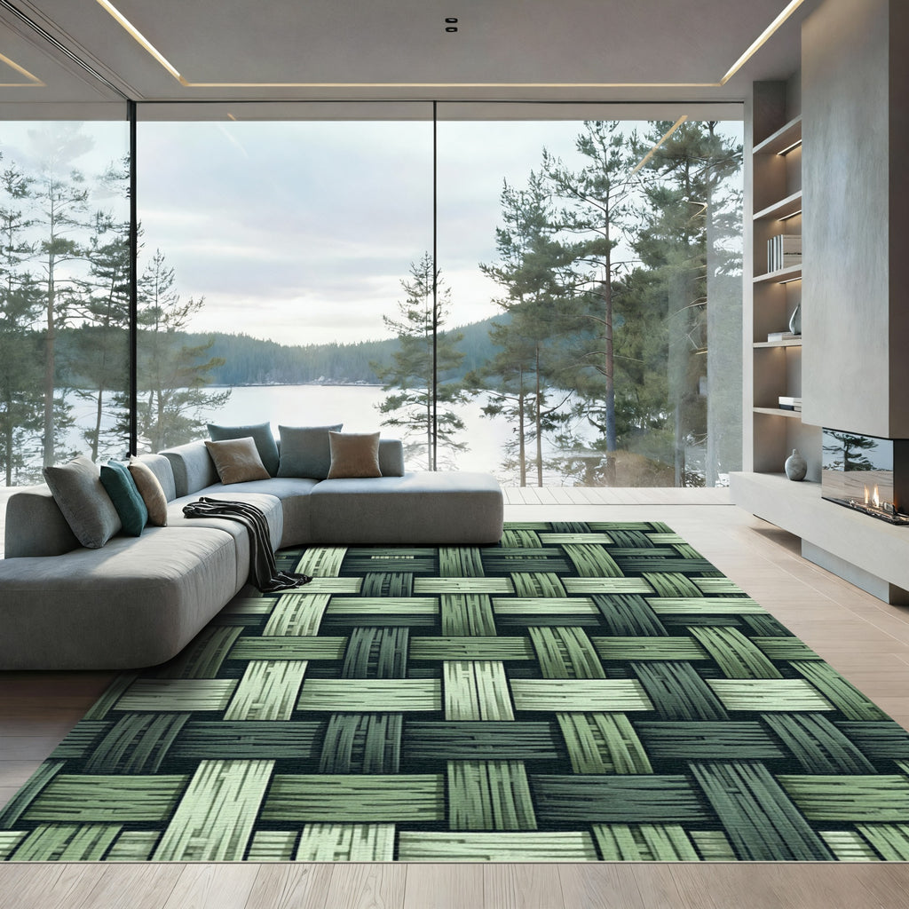 Sage Green Woven Texture Grid Rug