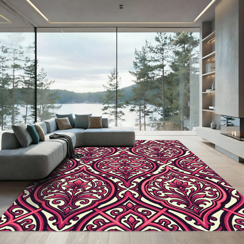 Crimson Red Damask Flourish Rug
