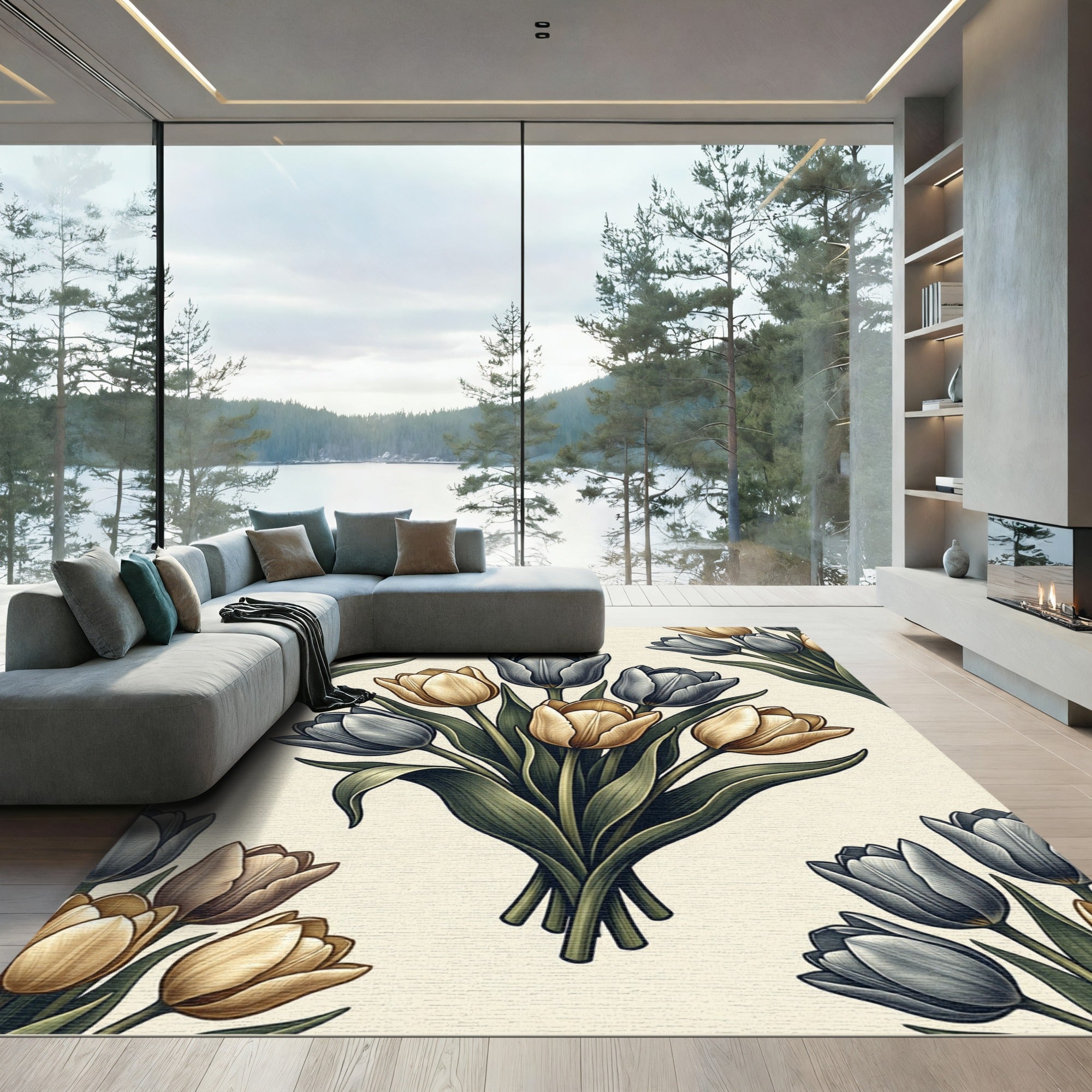 Golden Gray Tulip Bouquet Arrangement Rug