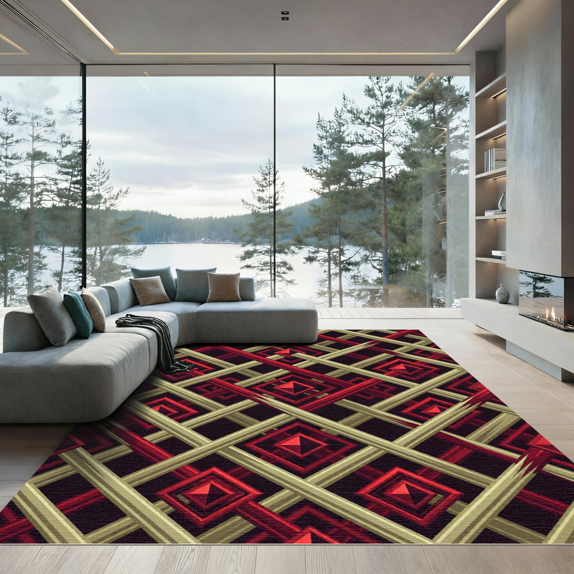 Modern Red and Gold Geometric Lattice Rug