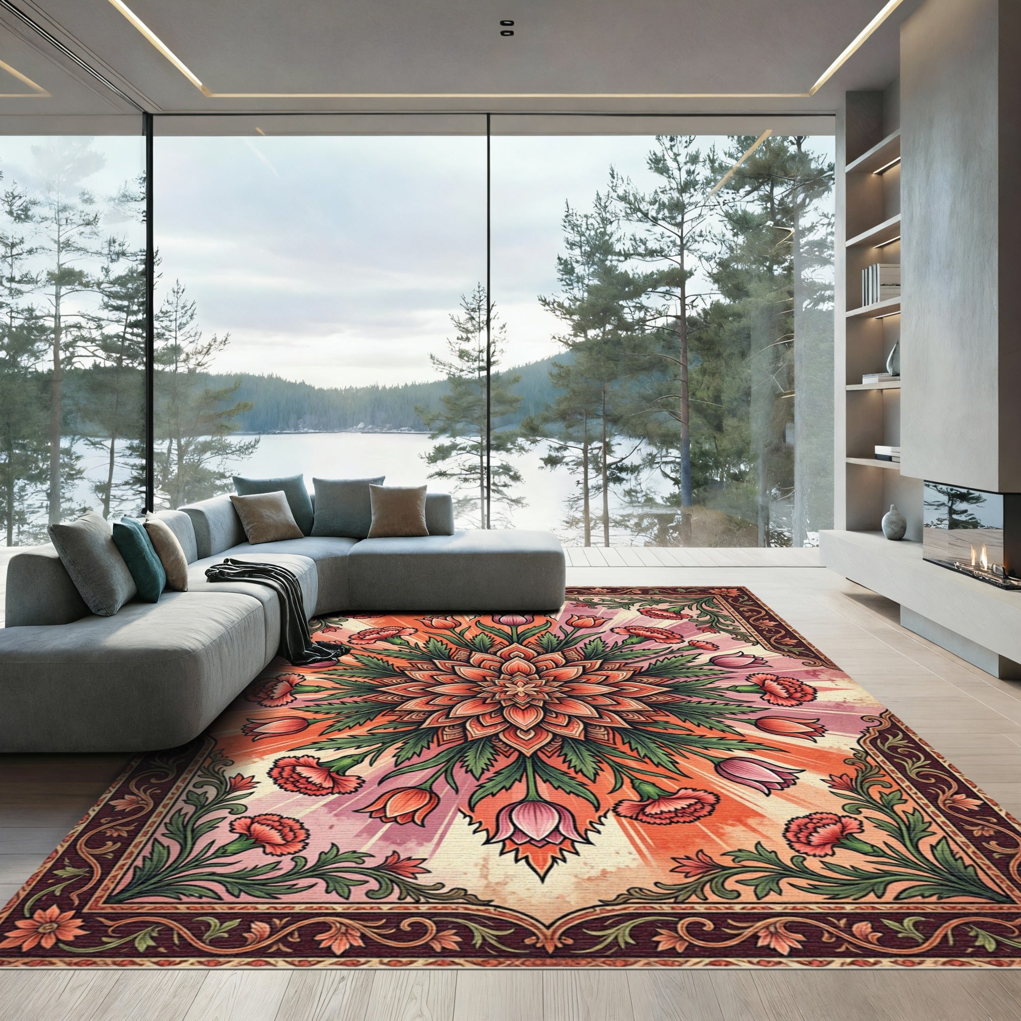 Radiant Coral Floral Burst Mandala Rug