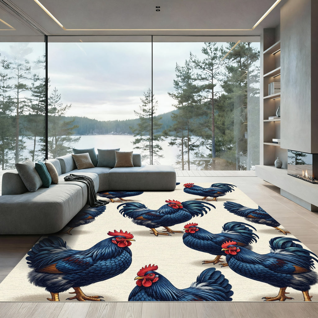 Vibrant Indigo Rooster Farmstead repeat Rug