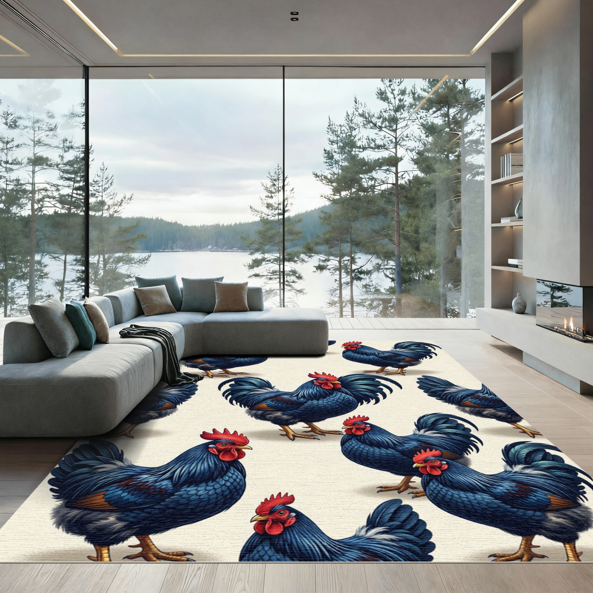 Vibrant Indigo Rooster Farmstead repeat Rug