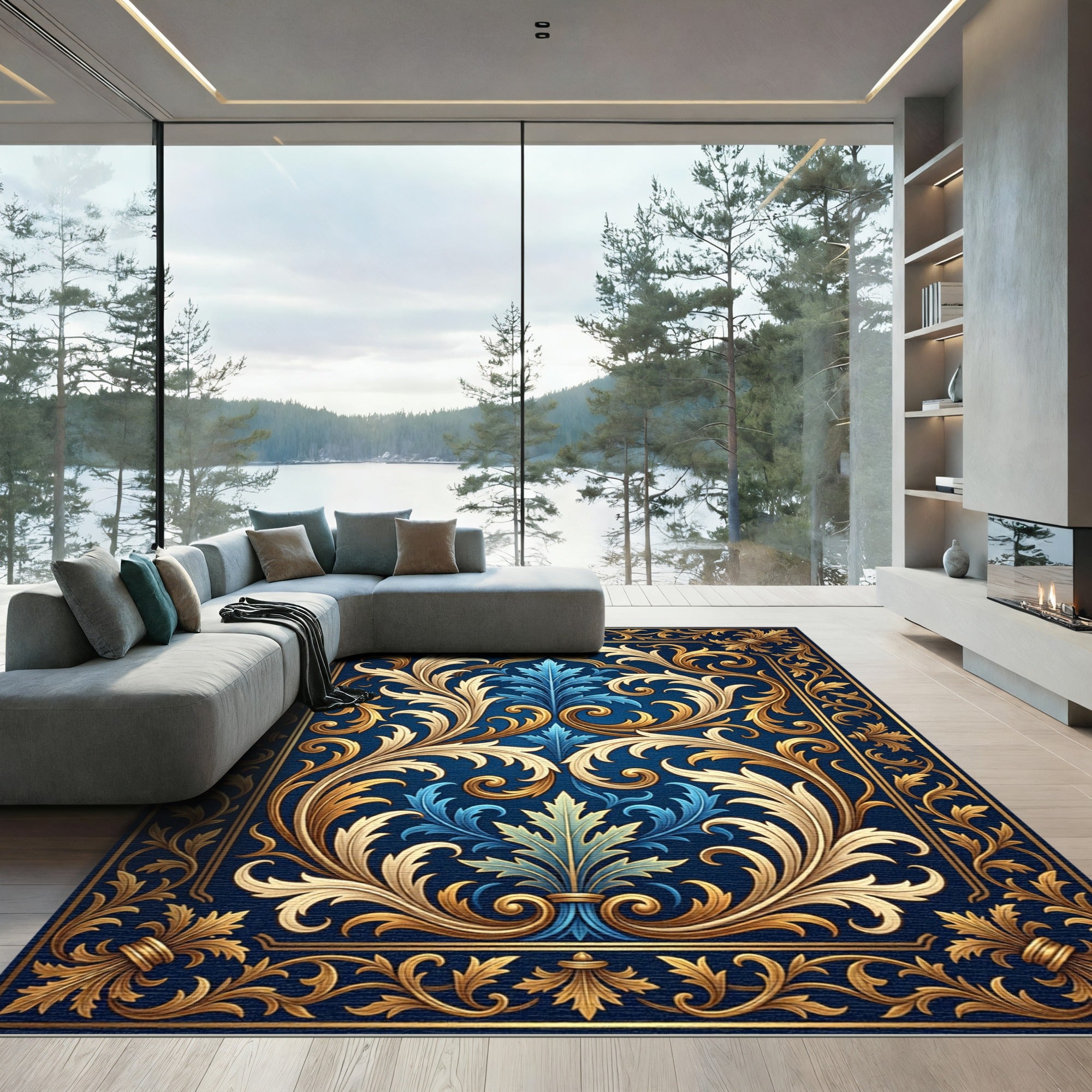 Royal Blue and Gold Scrolling Acanthus Rug