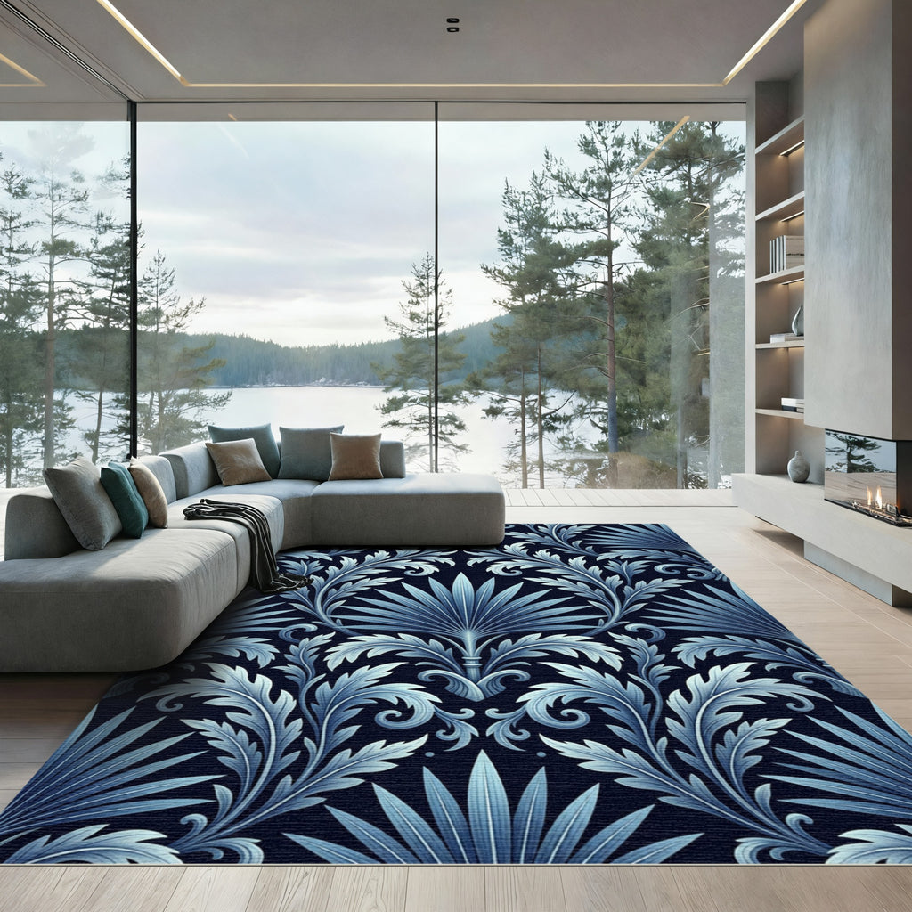 Deep Blue Acanthus Leaf Scroll Rug