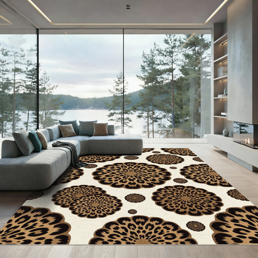 Brown Leopard Floral Medallions Rug