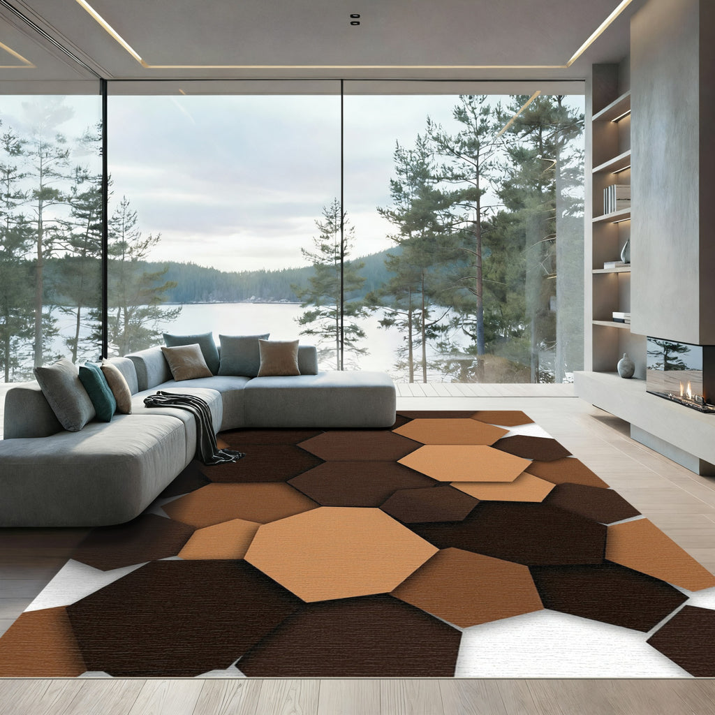 Modern Earthy Tones Stacked Hexagon Grid Rug
