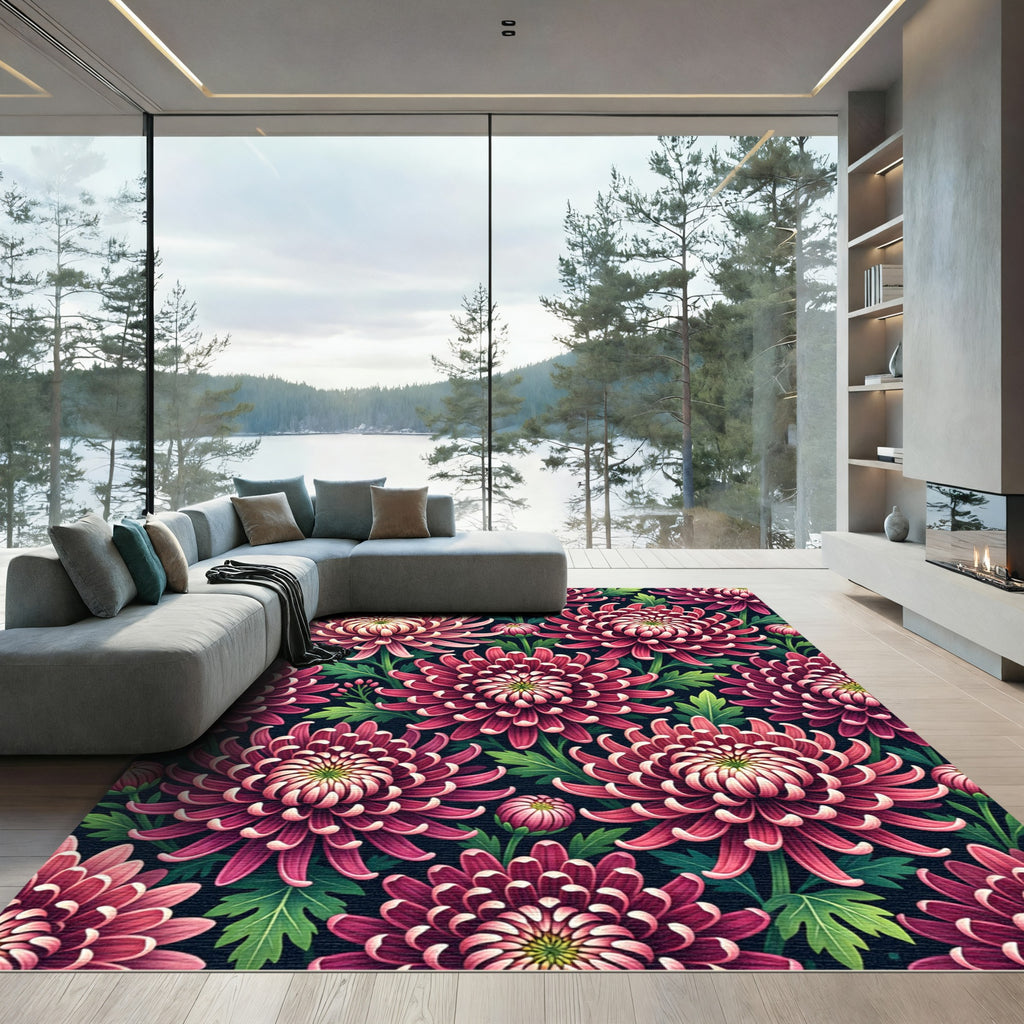 Burgundy Chrysanthemum Floral Garden Rug