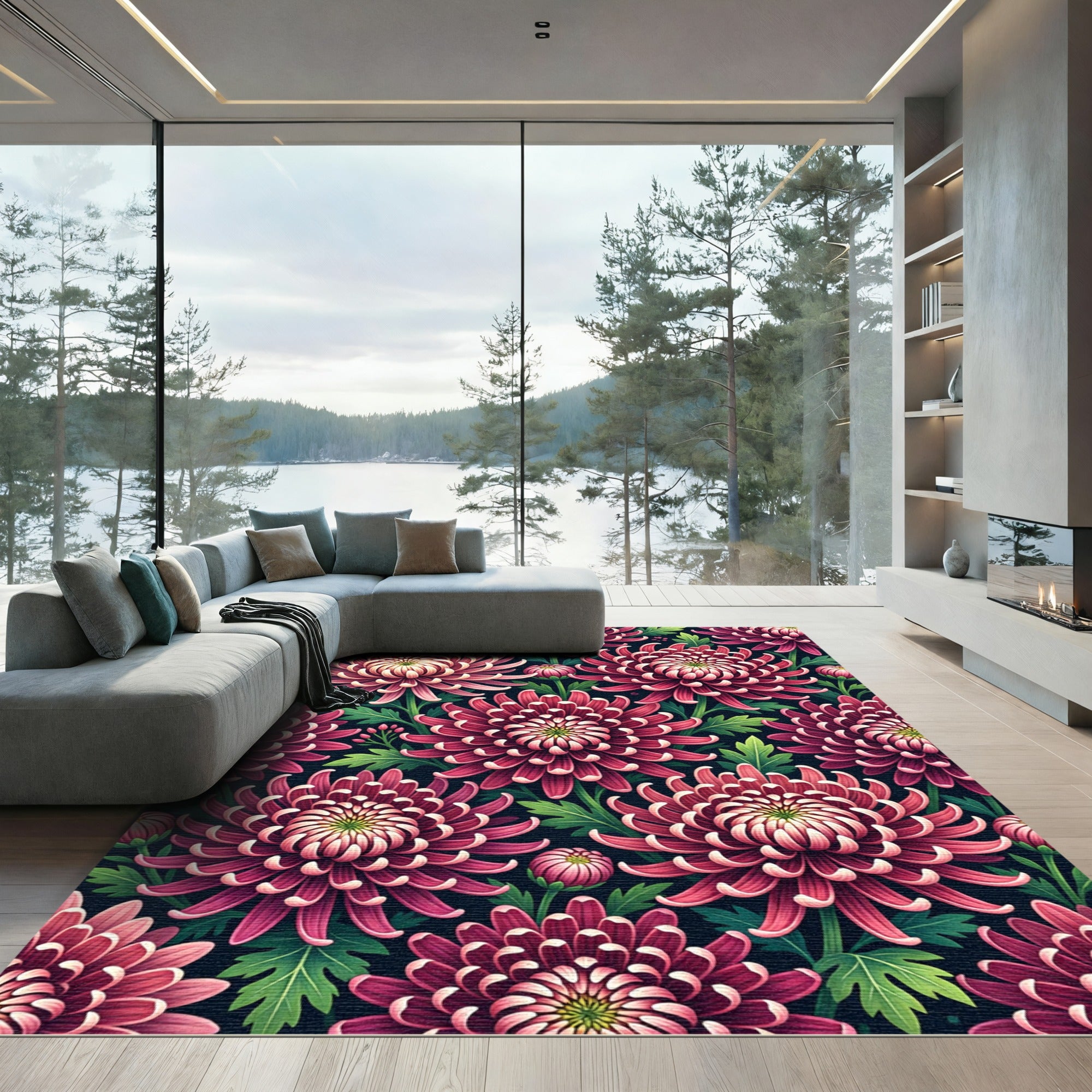 Burgundy Chrysanthemum Floral Garden Rug