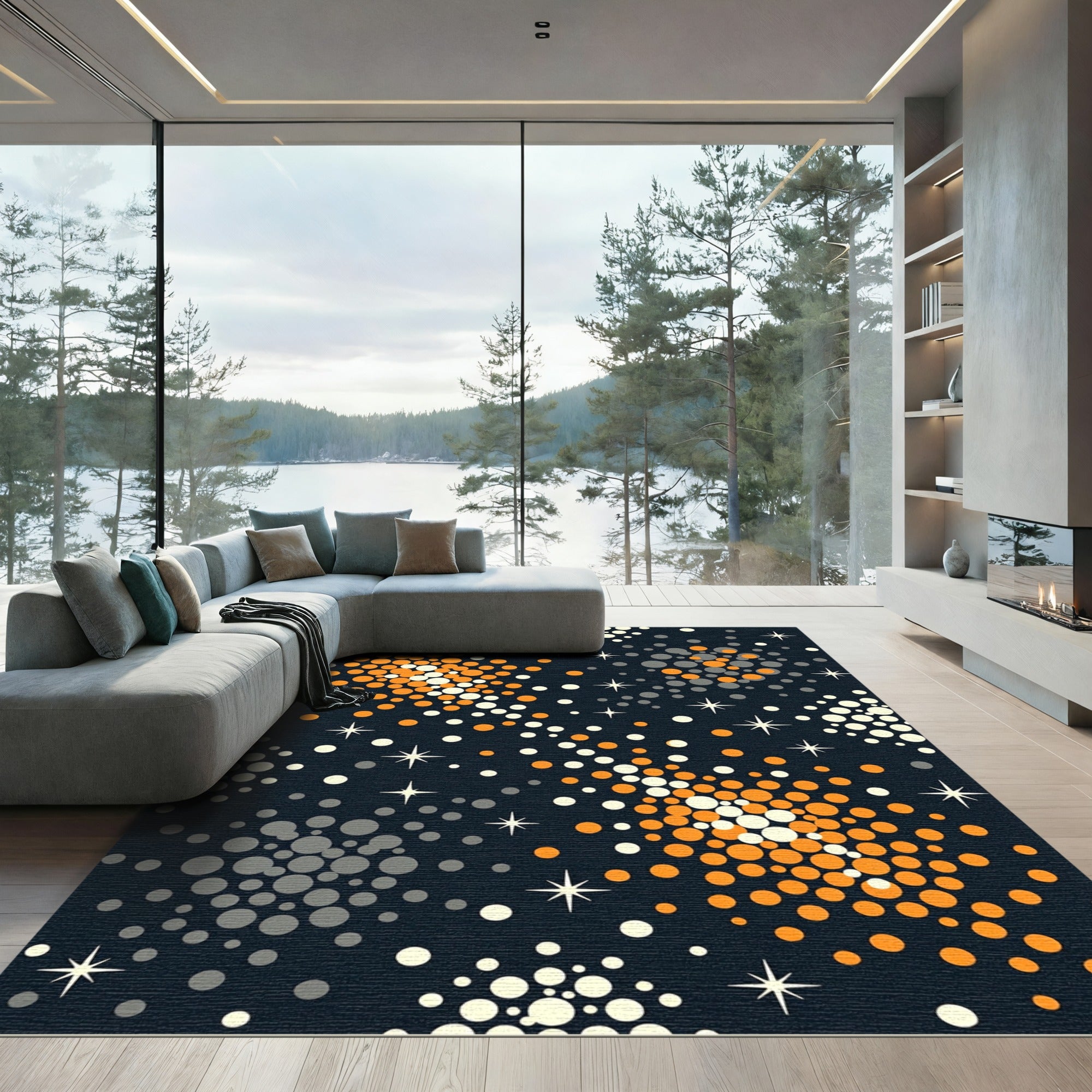 Cosmic Orange and Gray Starry Sky Rug