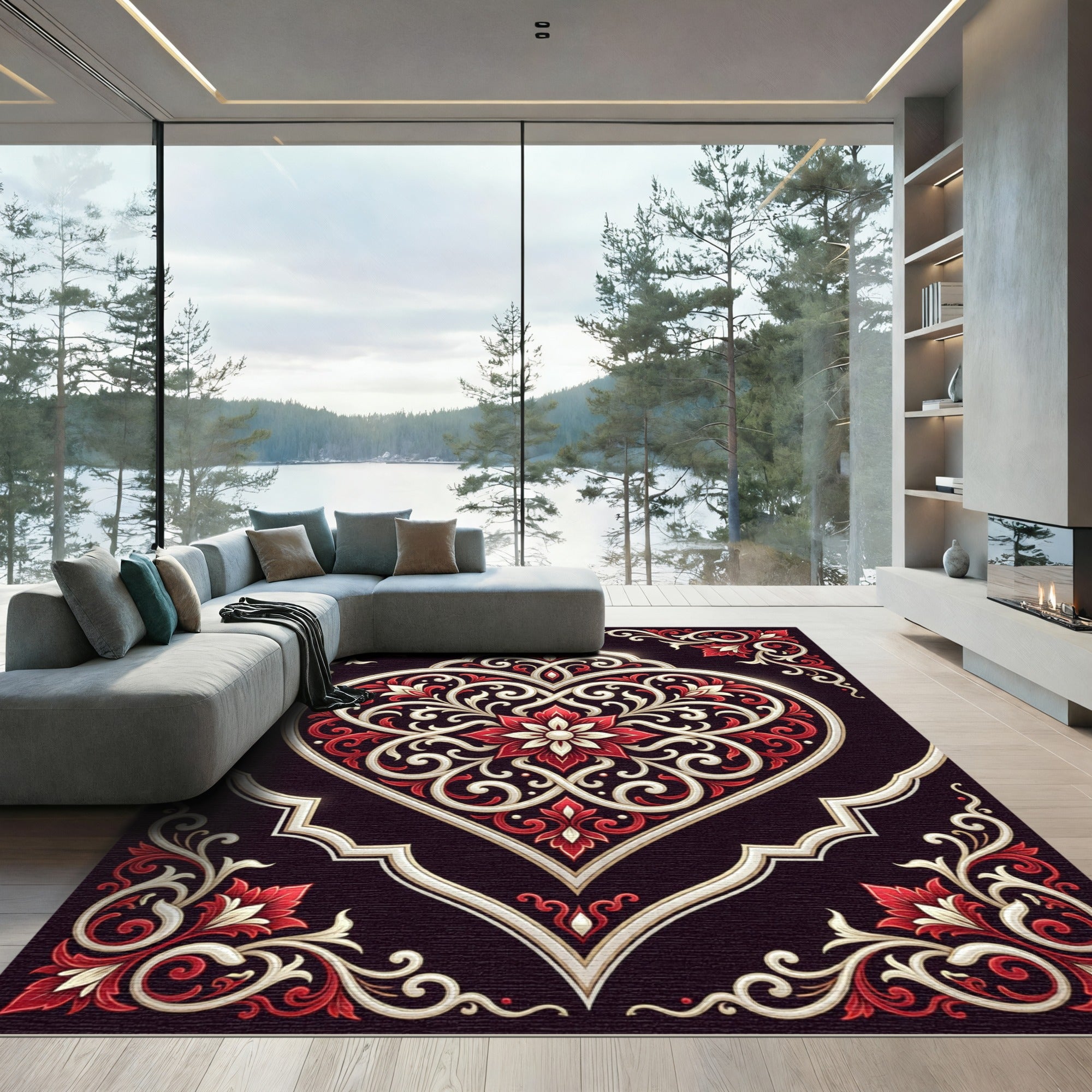 Elegant Crimson Cream Heart Floral Medallion Rug