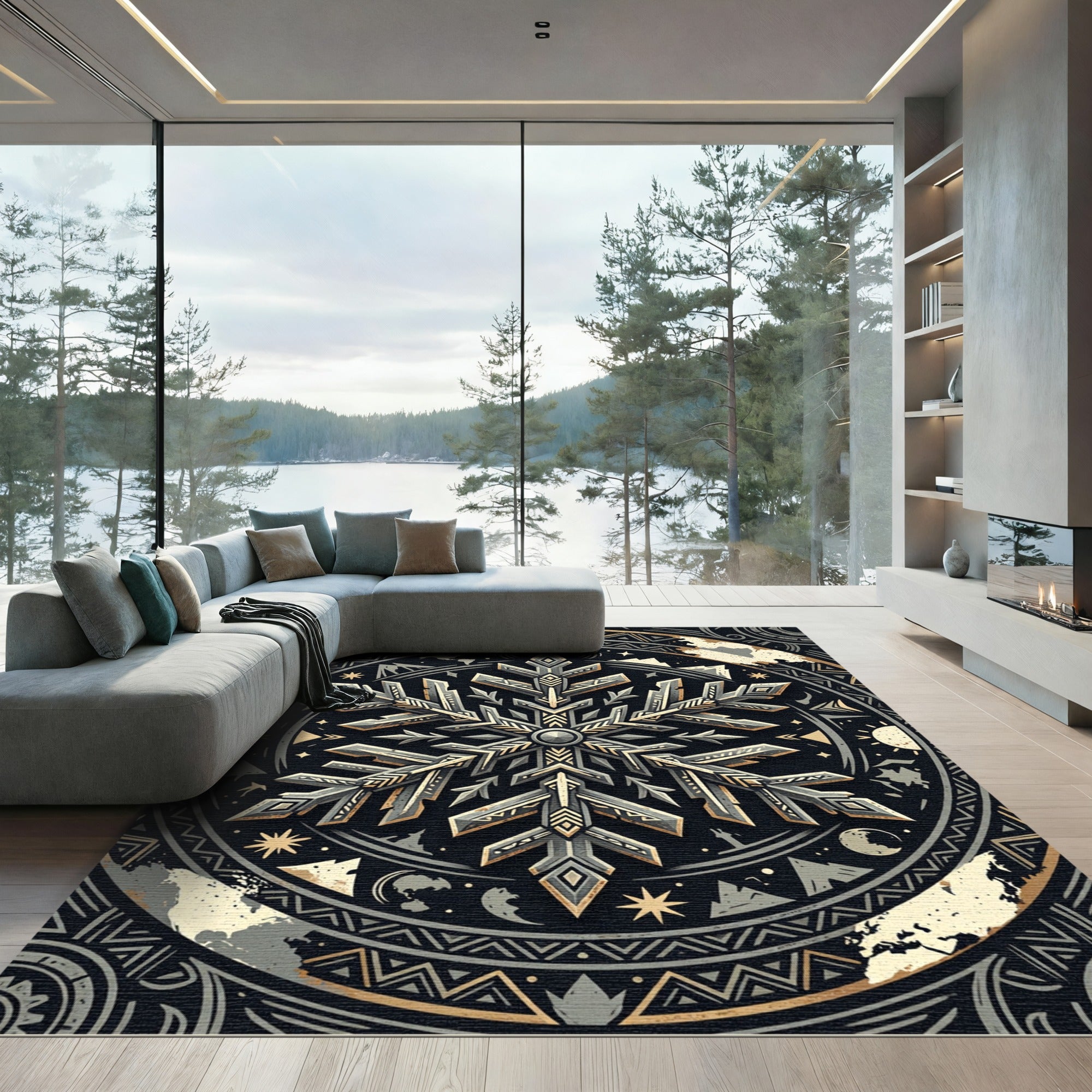 Celestial Midnight Snowflake Geometric Medallion Rug