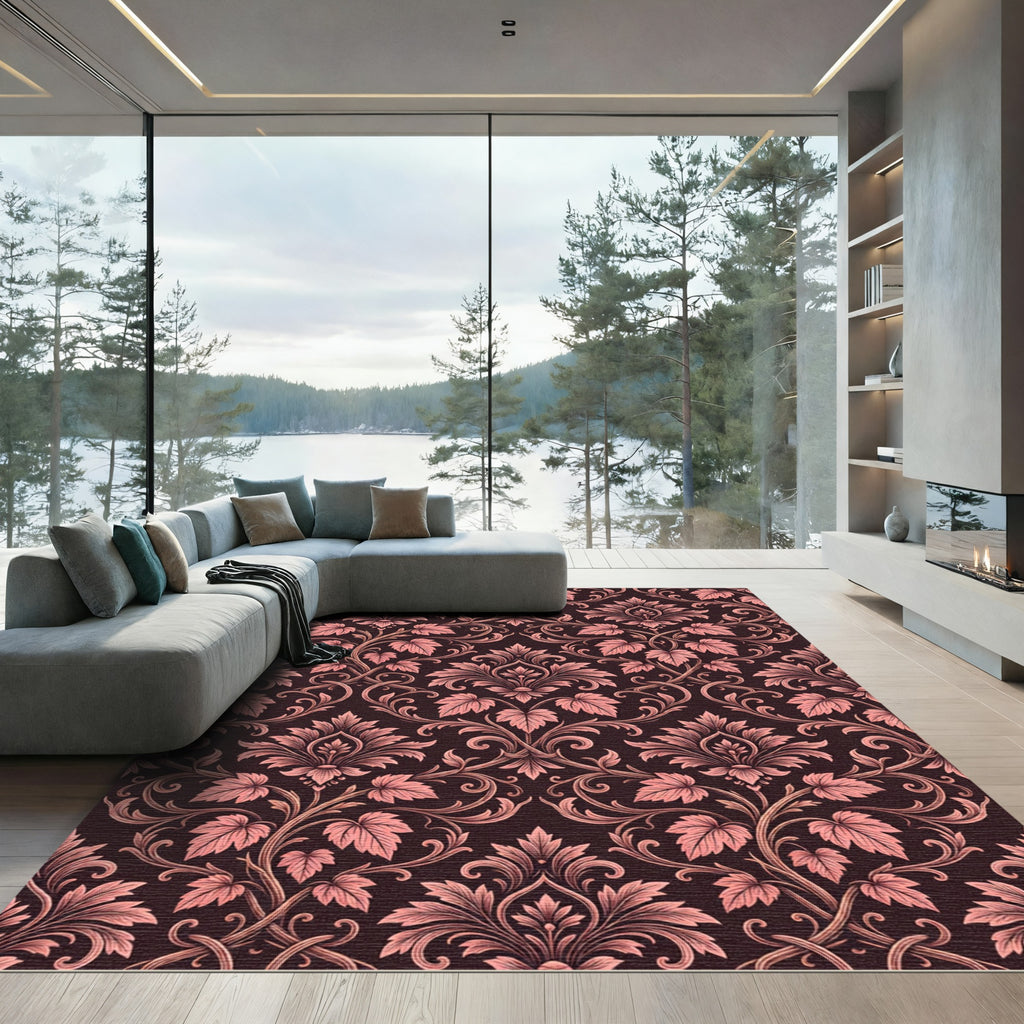 Elegant Dusty Rose Damask Scrolling Vines Rug
