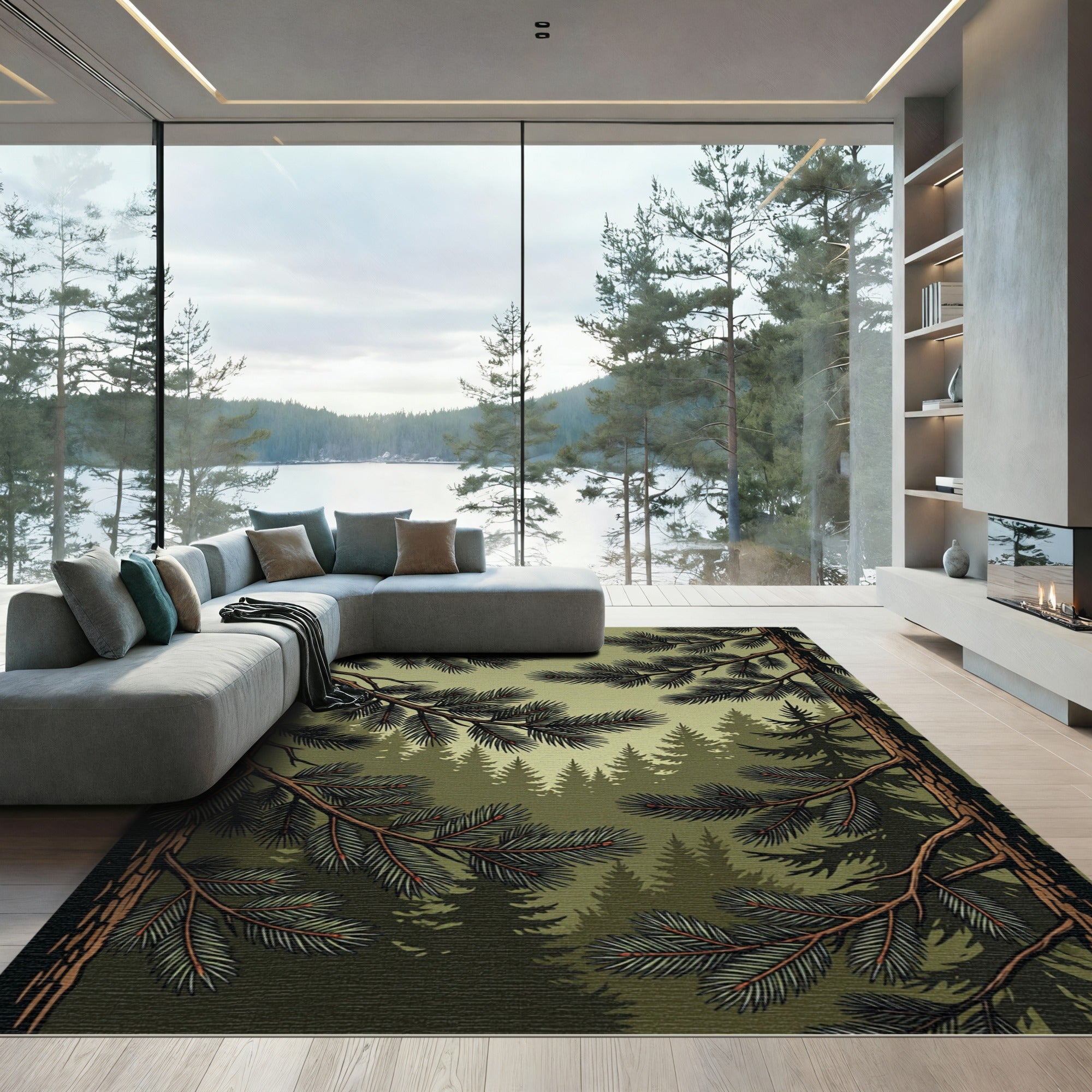Misty Forest Pine Branch Panorama Rug