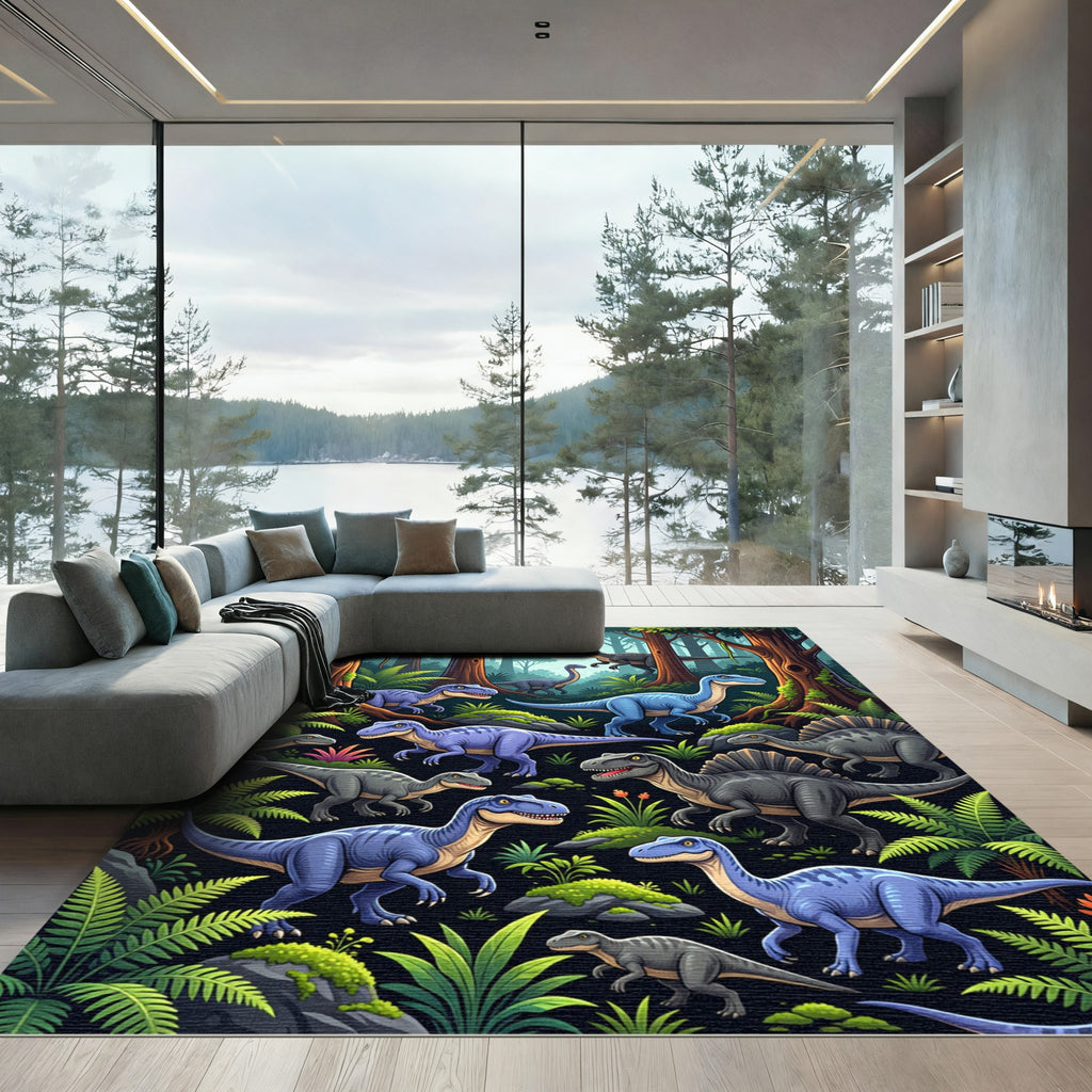 Vibrant Blue Dinosaur Jungle Landscape Rug