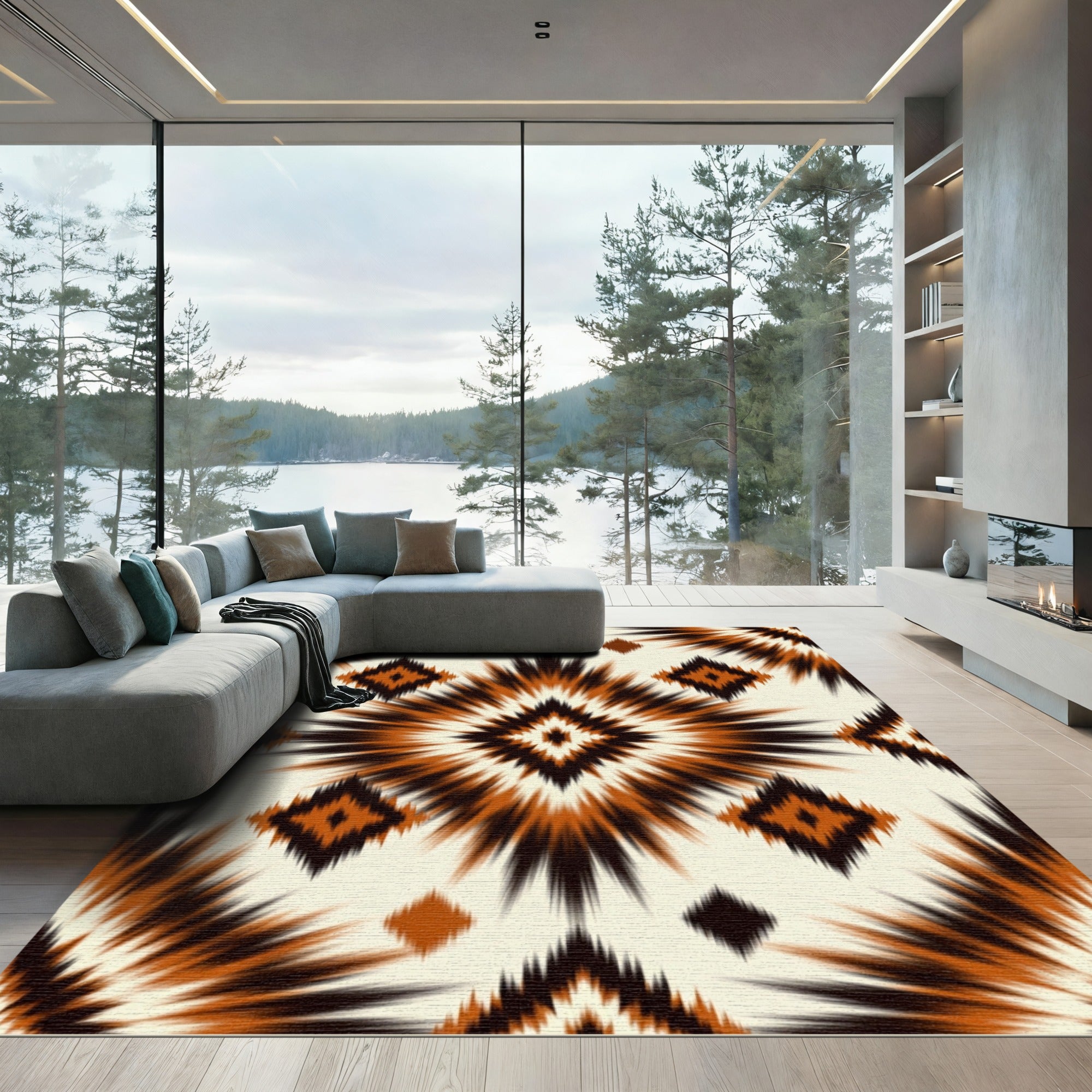 Earthy Burnt Orange Geometric Diamond Ikat Rug