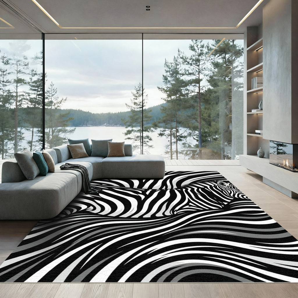 Monochrome Zebra Stripe Abstract Wave Art Rug