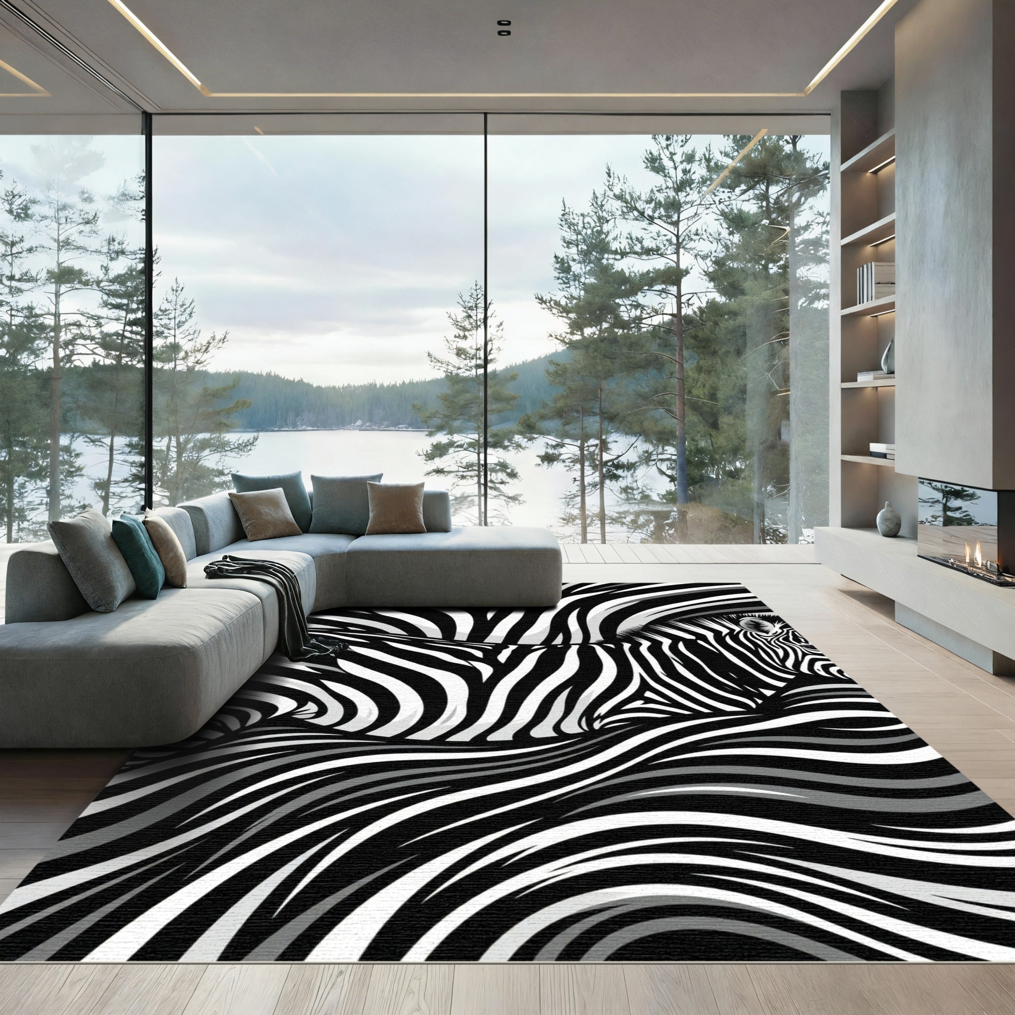 Monochrome Zebra Stripe Abstract Wave Art Rug