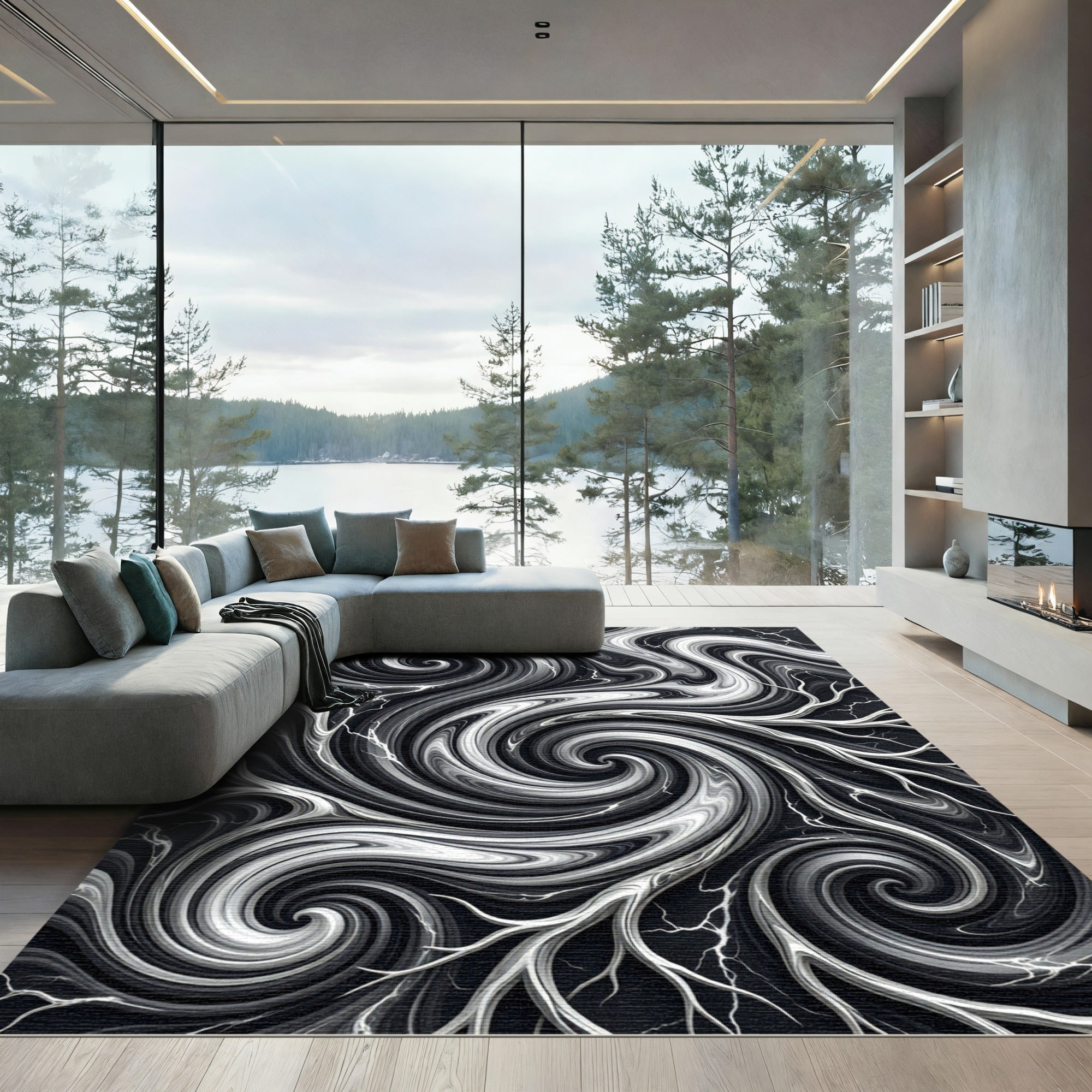 Monochromatic Swirling Smoke Branches Rug
