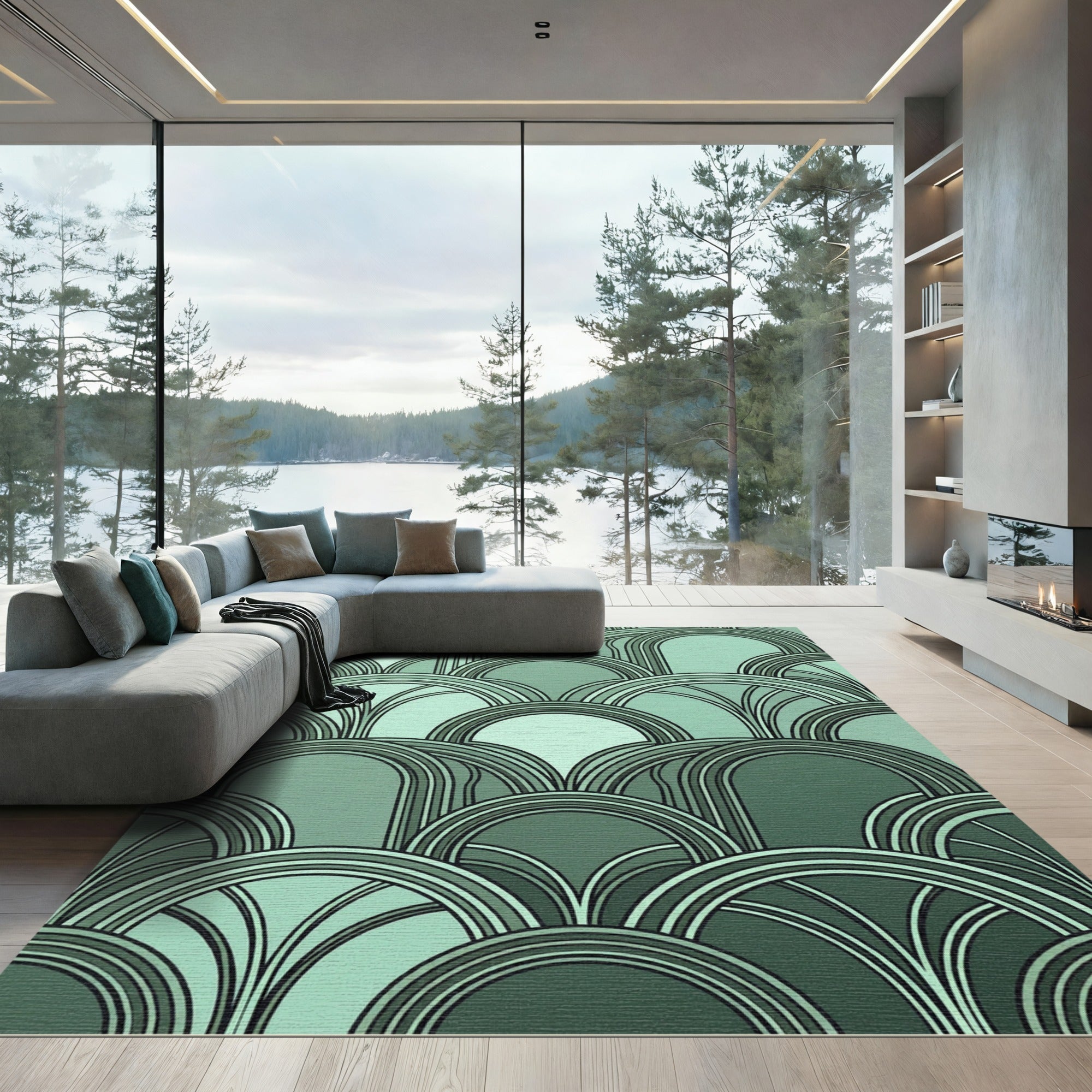 Art Deco Sage Geometric Arch Fan Rug