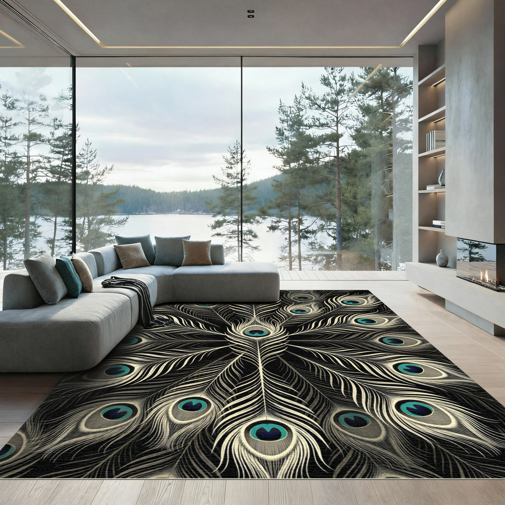 Elegant White Peacock Feather Mandala Rug