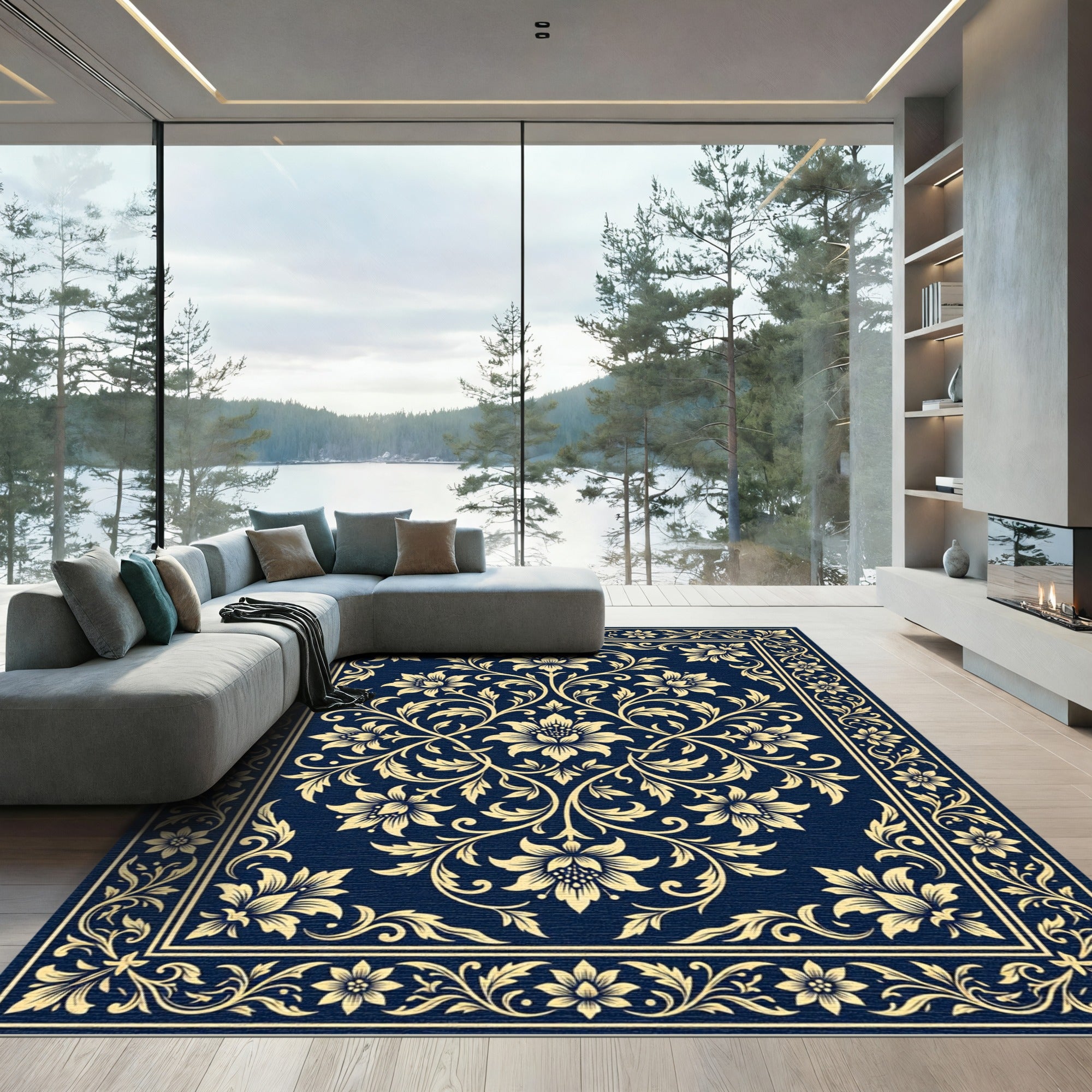 Elegant Gold Floral Damask Navy Rug