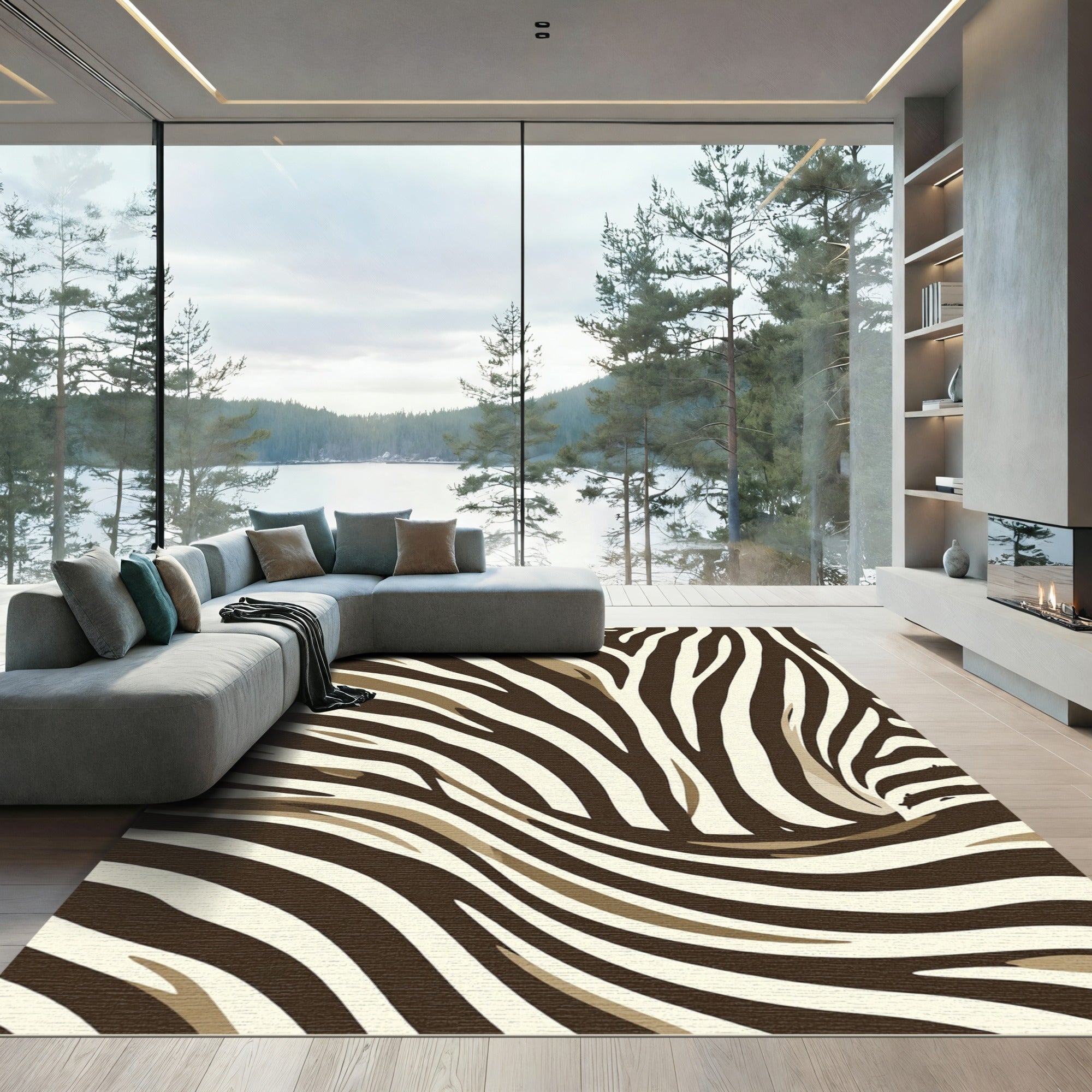 Modern Earthy Tone Zebra Abstract Swirl Rug