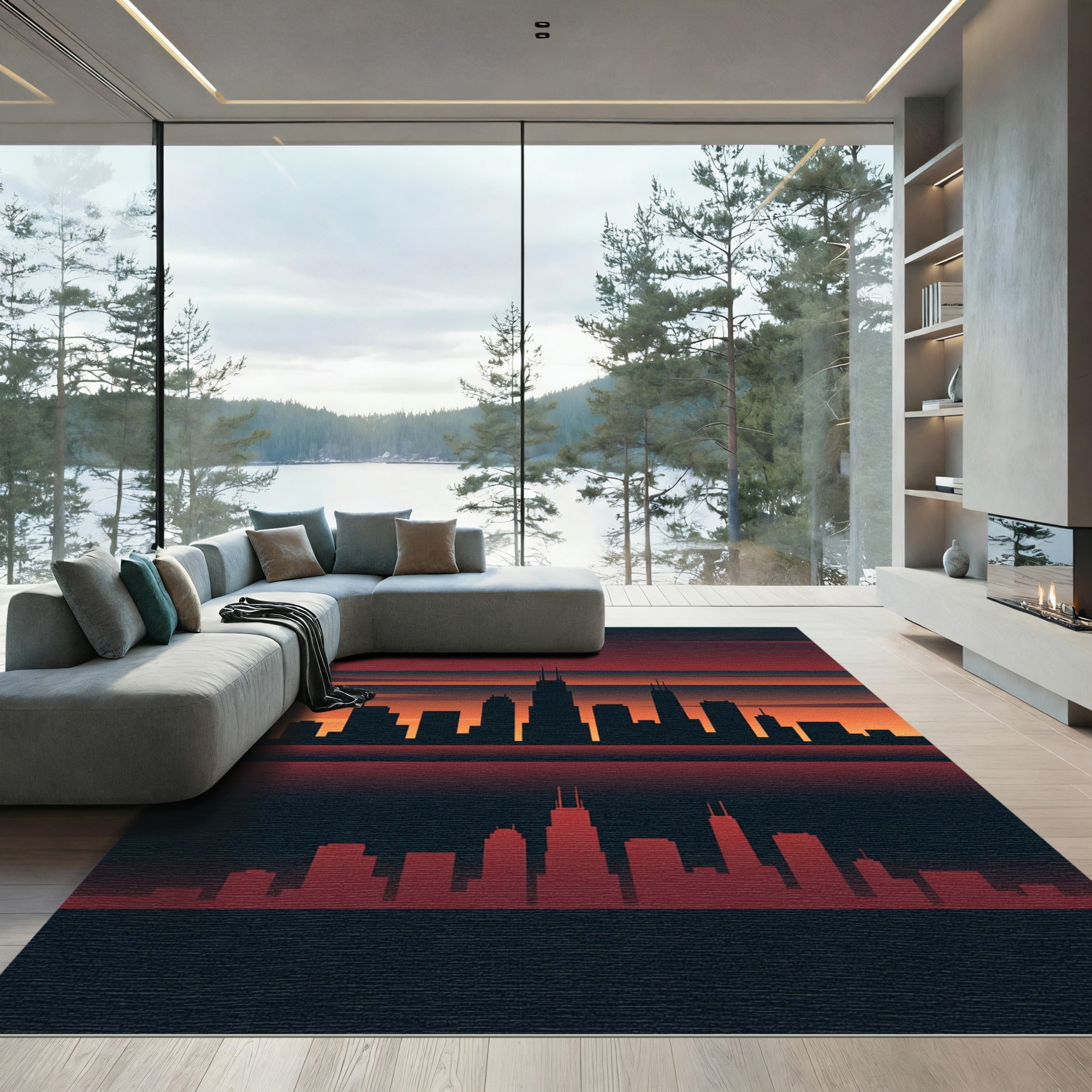 Minimalist Chicago Skyline Sunset Horizon Rug