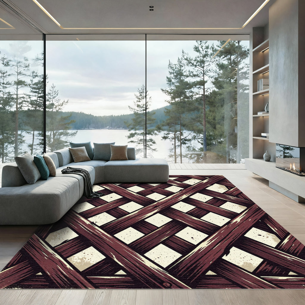 Rustic Deep Maroon Crossed Lattice Rug