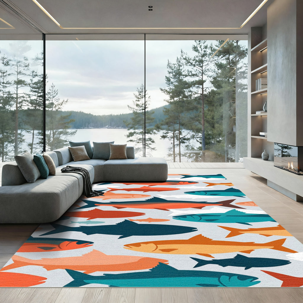 Mid Century Teal and Orange Salmon Rug