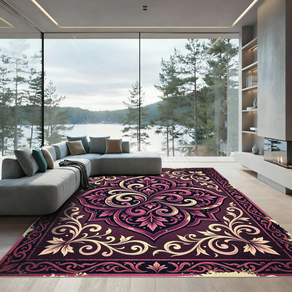 Ornate Plum Damask Floral Medallion Rug