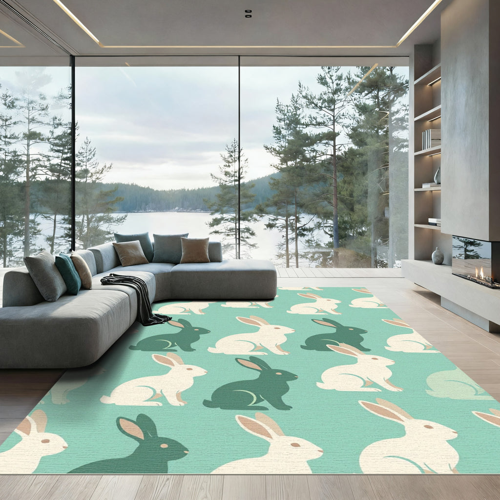 Whimsical Mint and White Rabbit Silhouette Rug