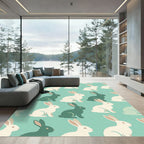 Whimsical Mint and White Rabbit Silhouette Rug