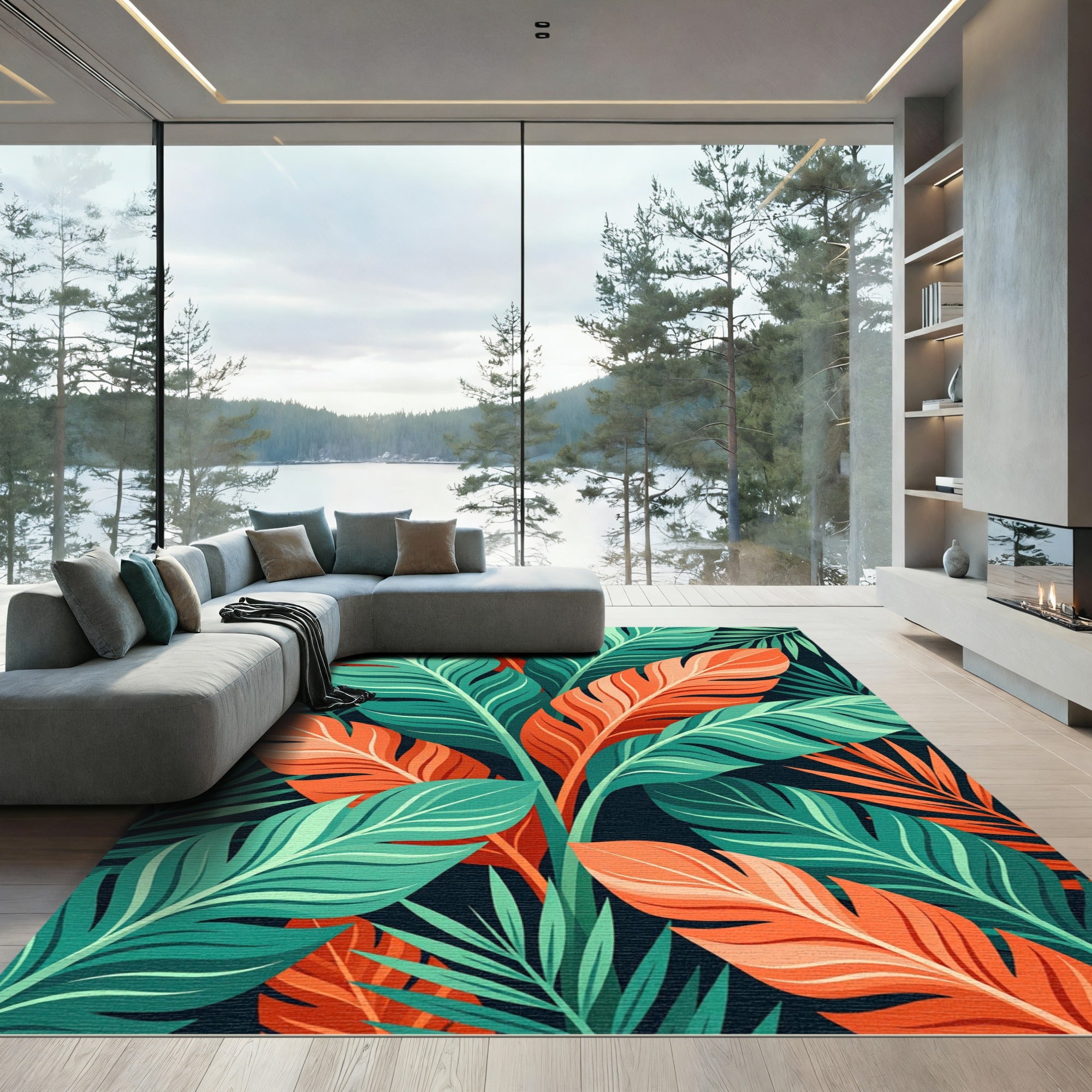 Vibrant Tropical Orange and Teal Foliage Rug