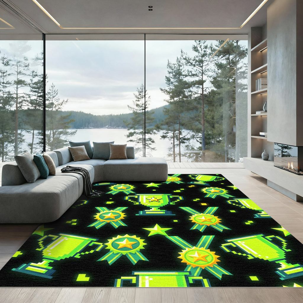 Neon Pixel Gamer Trophy Award Rug