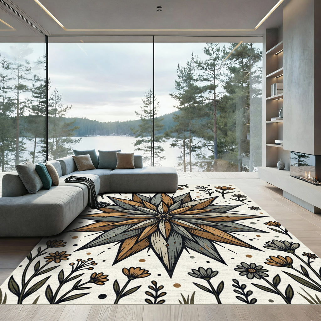 Earthy Starflower Woodcut Floral Illustration Rug