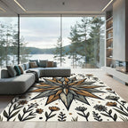 Earthy Starflower Woodcut Floral Illustration Rug