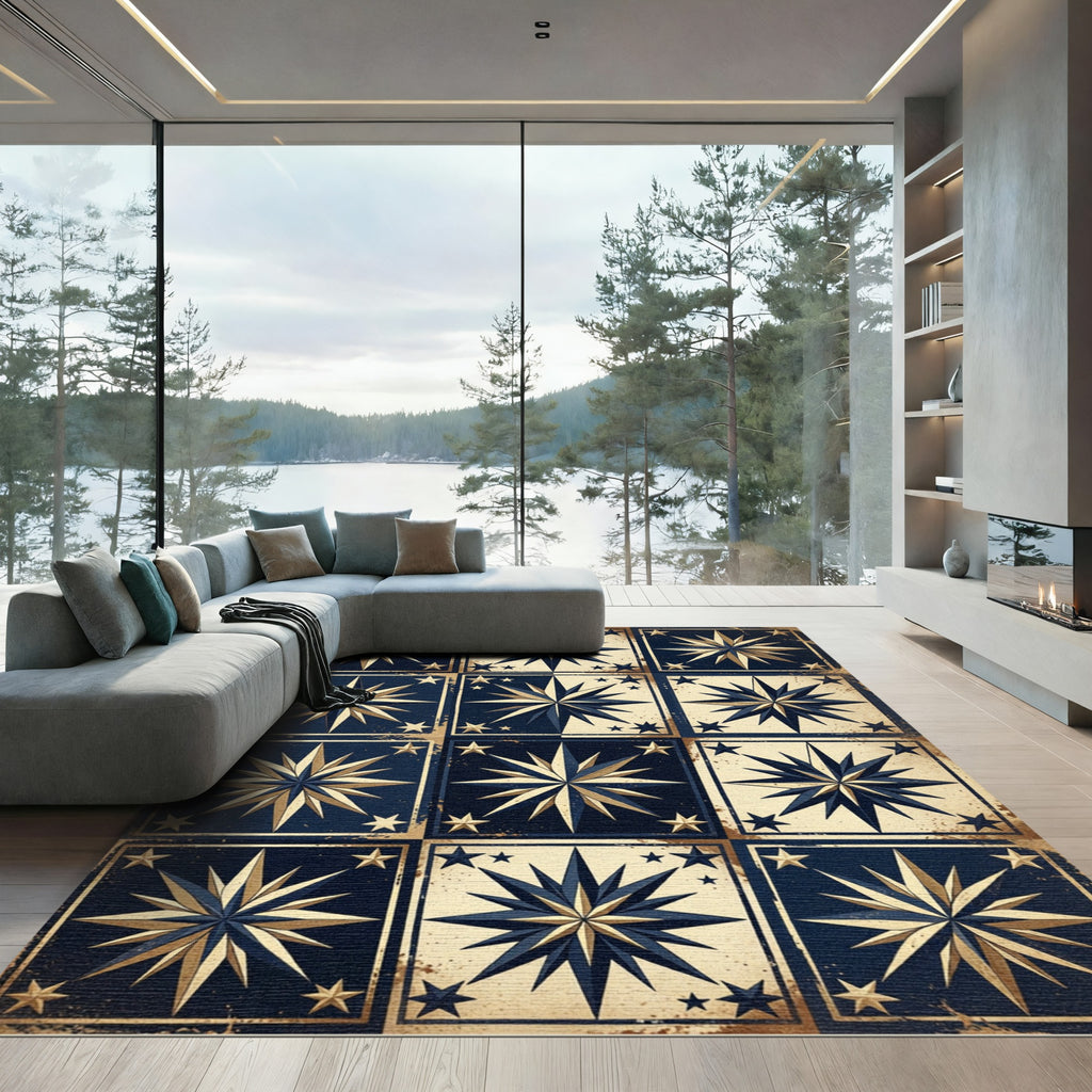Vintage Nautical Navy Gold Compass Grid Rug