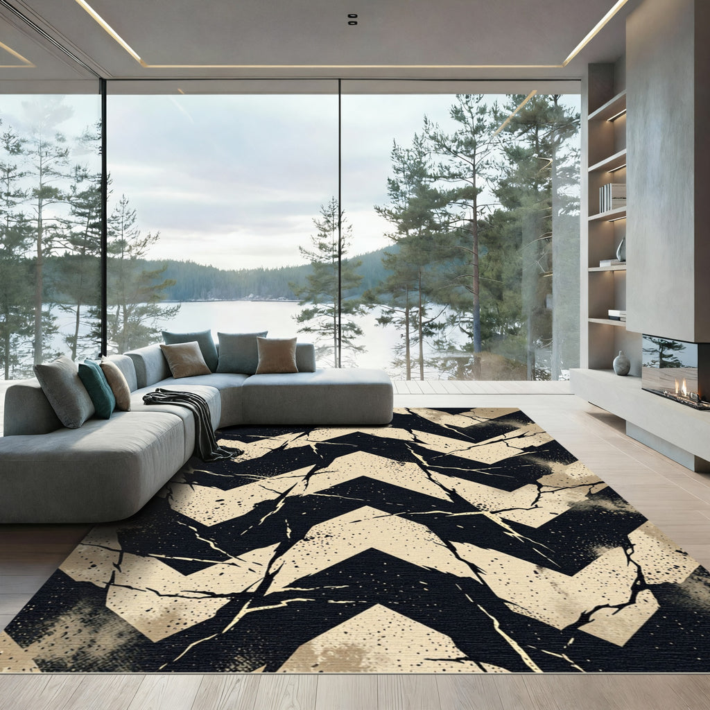 Distressed Onyx And Beige Chevron Rug