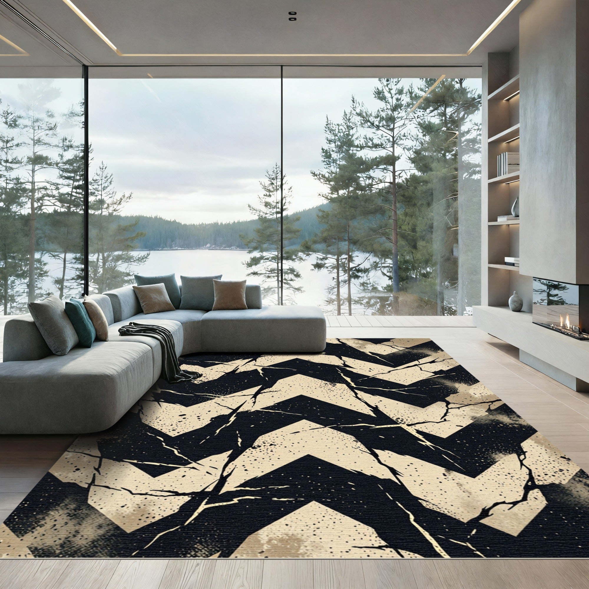 Distressed Onyx And Beige Chevron Rug