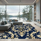 Elegant Navy Gold Baroque Floral Damask Rug