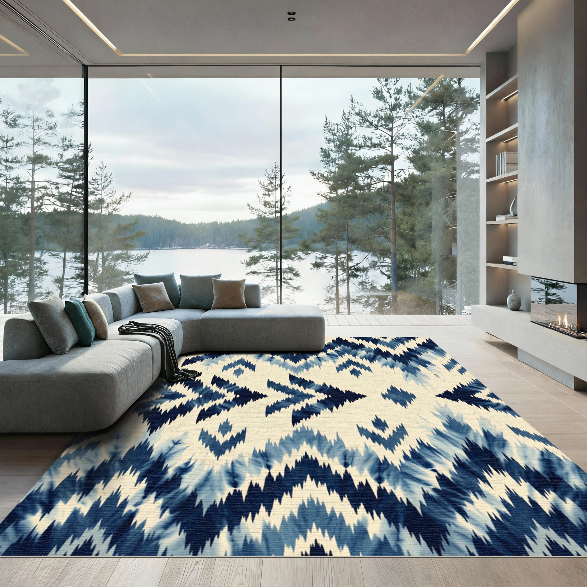 Indigo Blue Tie Dye Chevron Rug