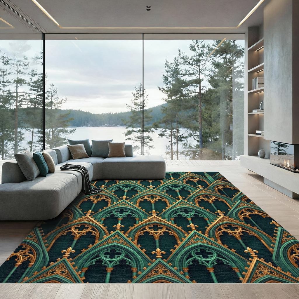 Gothic Arch Emerald and Gold Trellis Rug
