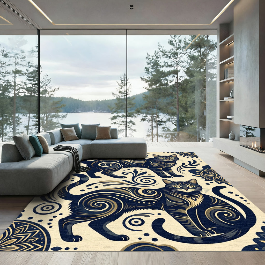 Elegant Midnight Feline Scroll Art Rug