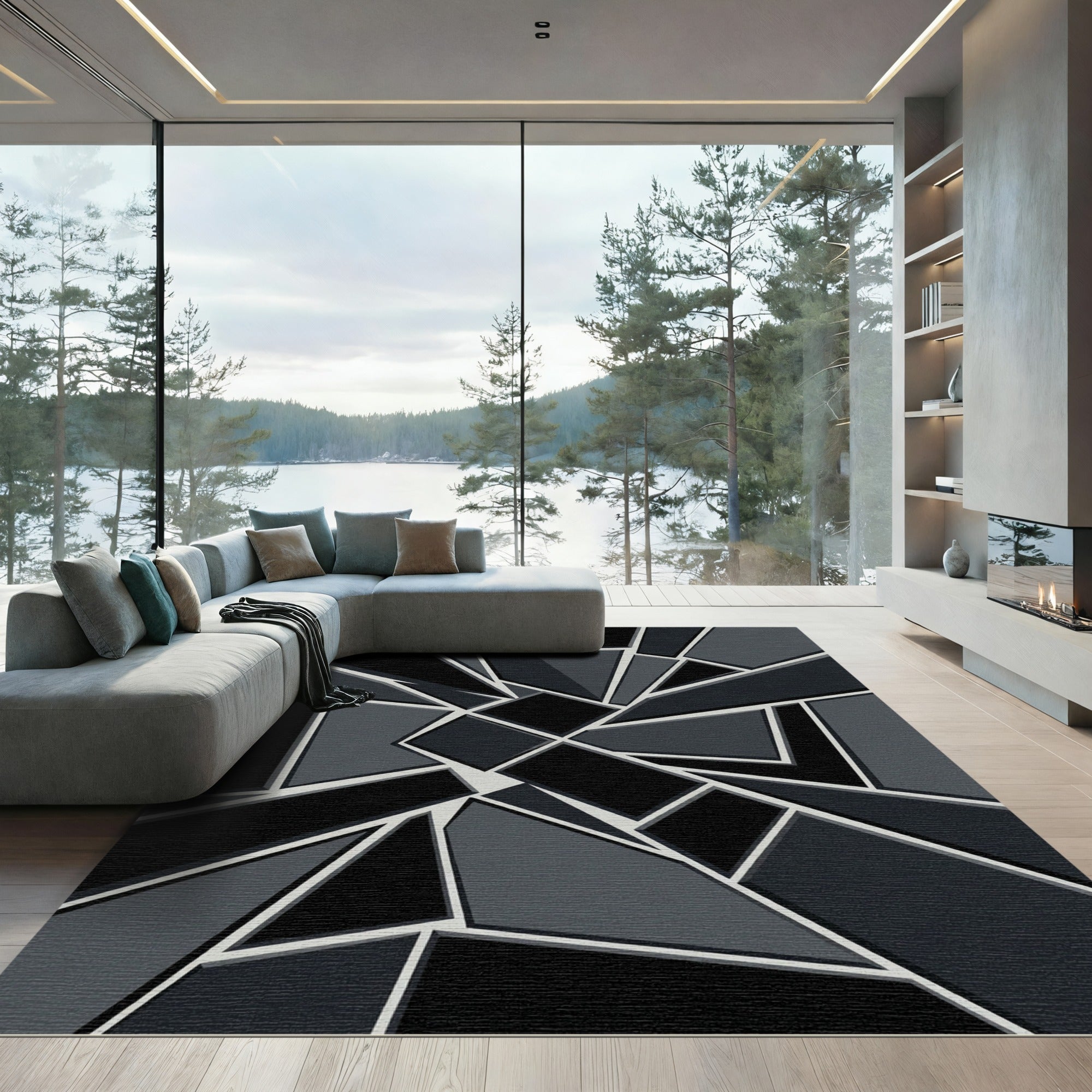 Modern Black Gray Geometric Fragment Rug