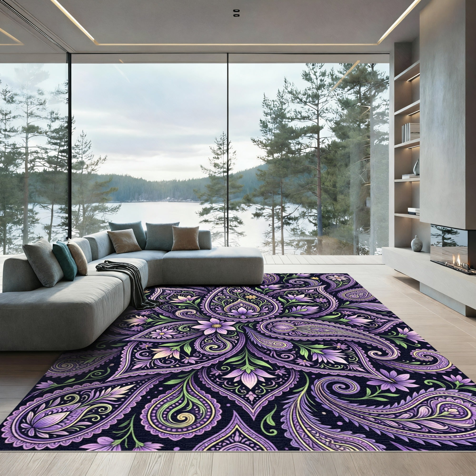 Rich Violet Paisley Floral Swirls Rug