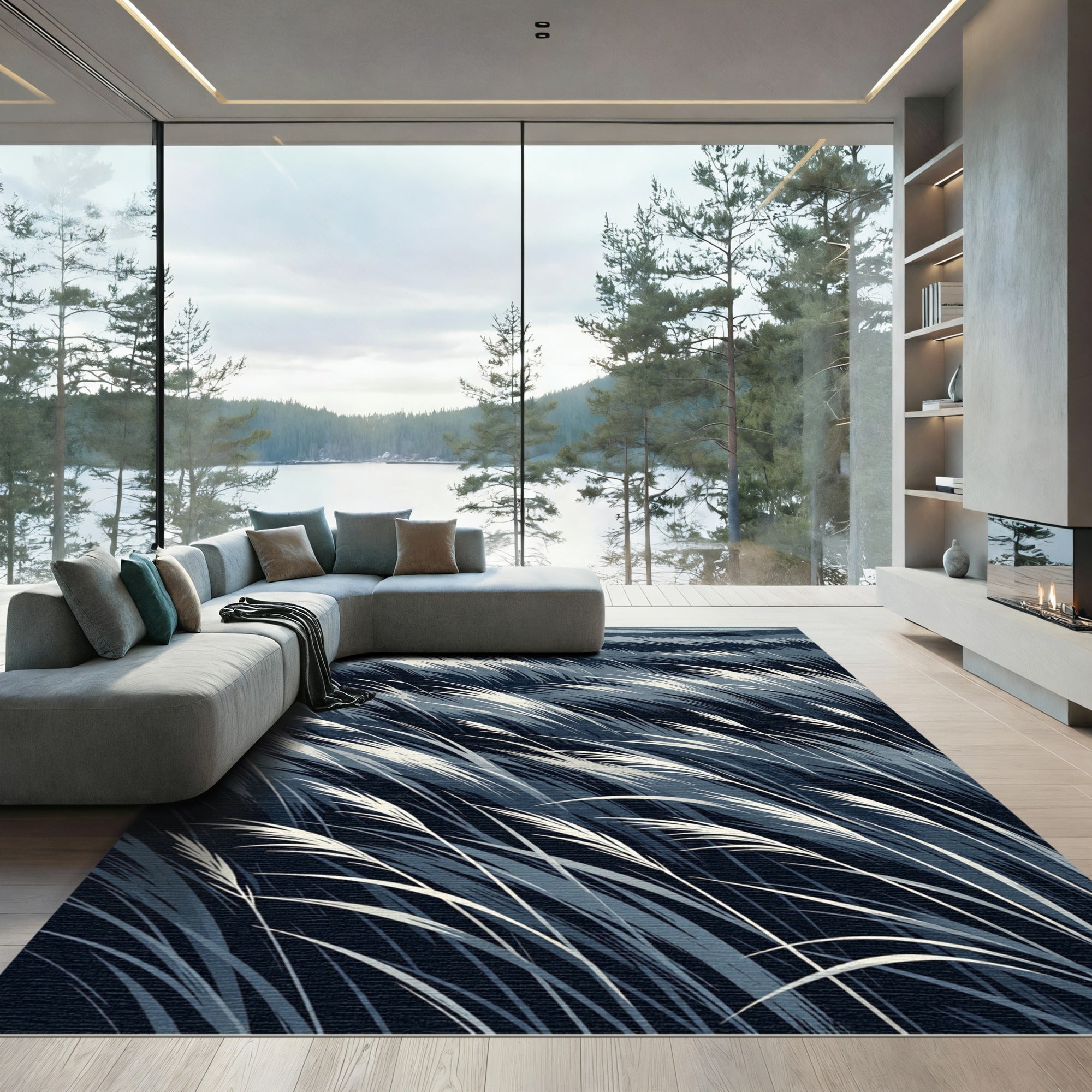 Dark Blue Swaying Grass Reeds Rug