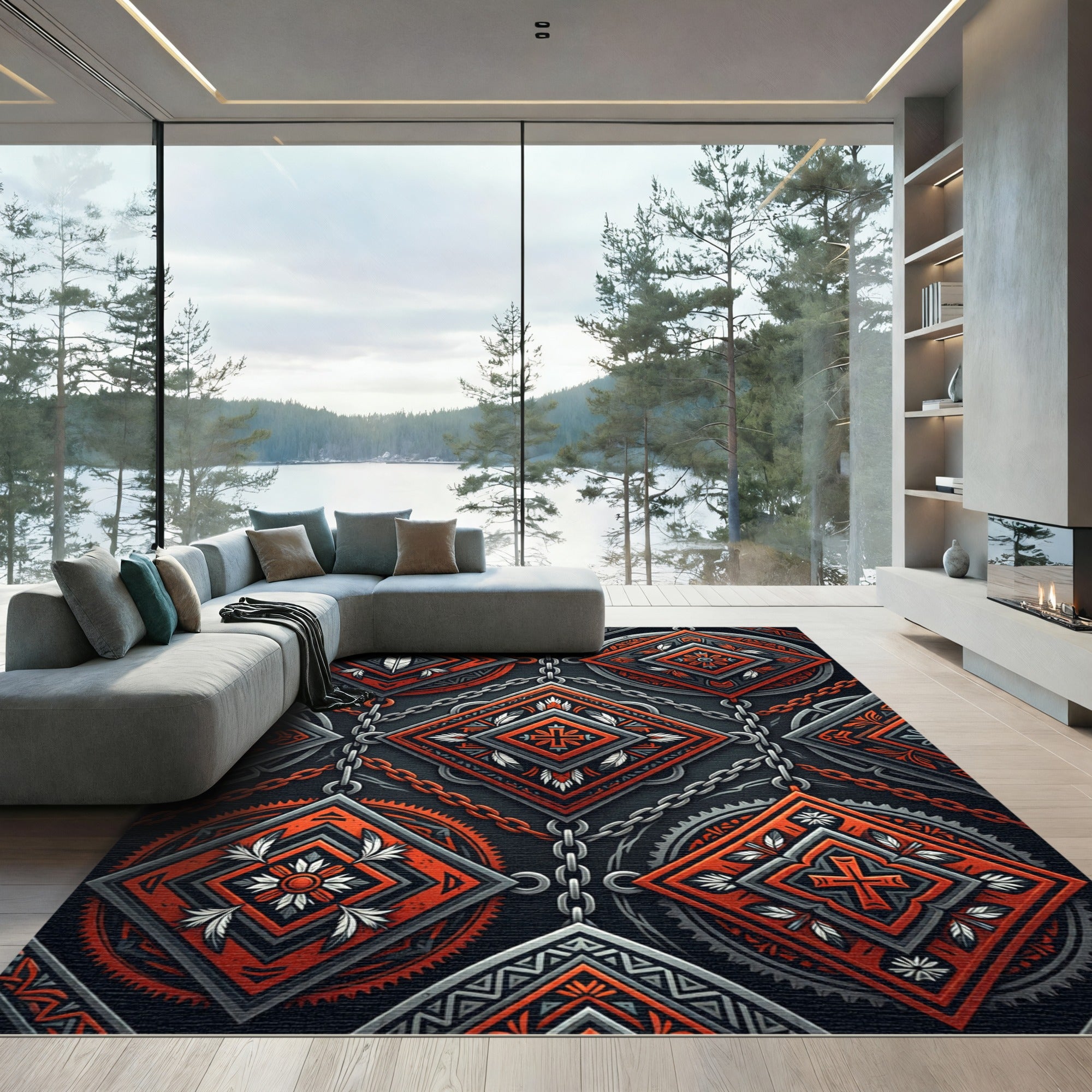 Chained Crimson Geometric Feather Diamond Rug