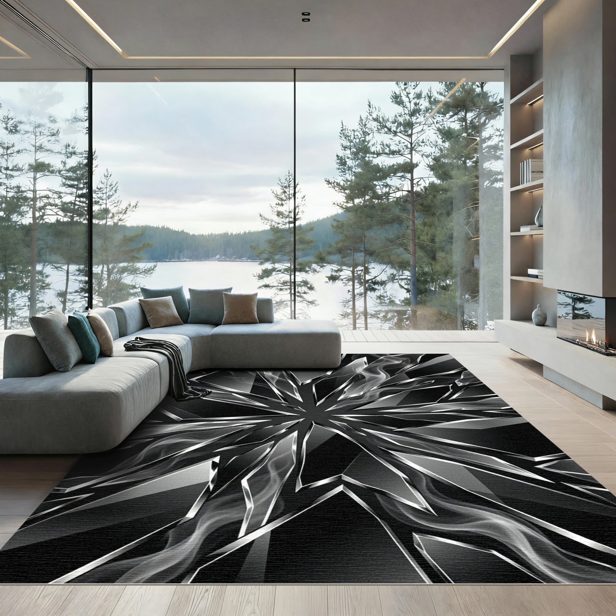 Sharp Black Smoke Broken Glass Rug